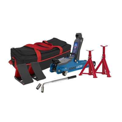 2 Tonne Low Entry Short Chassis Trolley Jack & Accessories Bag Combo - Blue