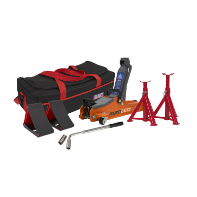 2 Tonne Low Entry Short Chassis Trolley Jack & Accessories Bag Combo - Orange